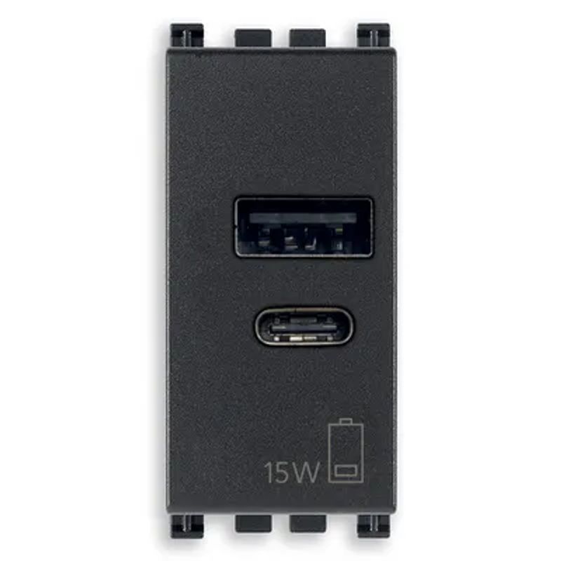 VIMAR 19292.AC.15 - Alimentatore USB A+C 15W 5V 1 Modulo Grigio